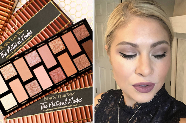 Left image: Too Faced The Natural Nudes Palette, right image: person wearing Stila liquid eyeliner