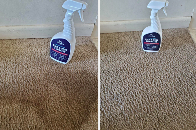 A before-and-after photo for a carpet cleaning spray