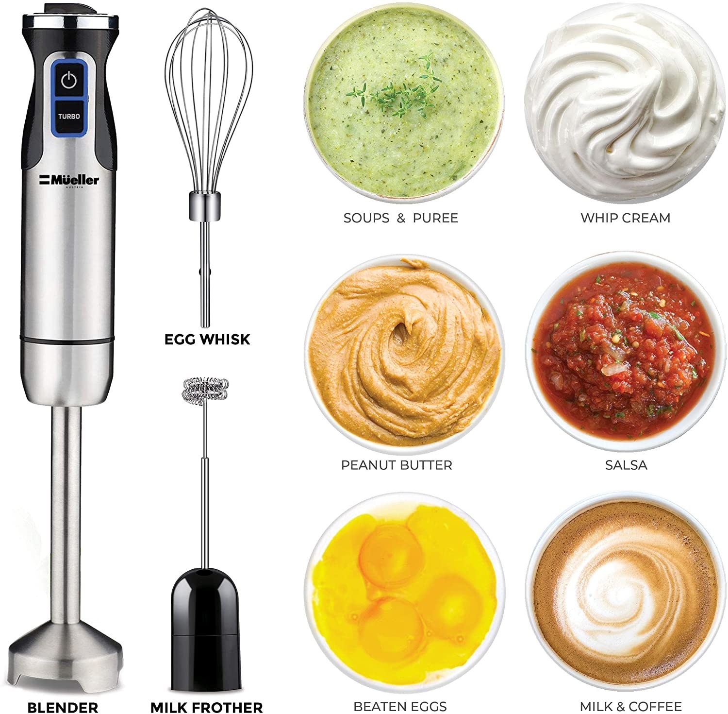 The blender, milk frother, and egg whisk can beat eggs, make milk/coffee, salsa, whip cream, and soups/puree