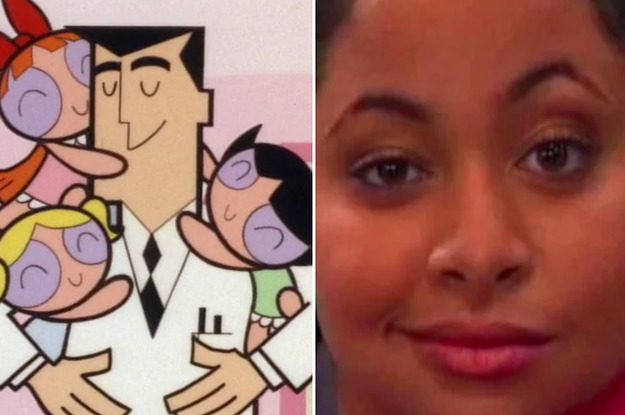 Professor from The Powerpuff Girls being hugged by his daughters, and Raven-Symone looking mischievous