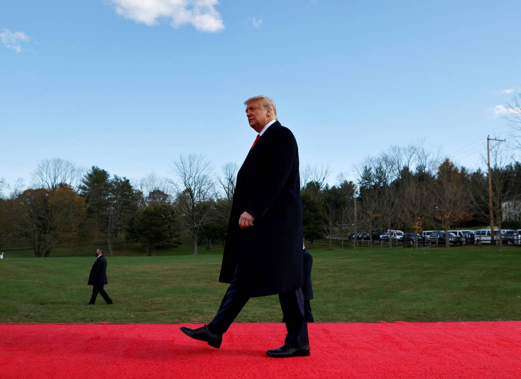 Donald Trump walking on a red carpet in a field.