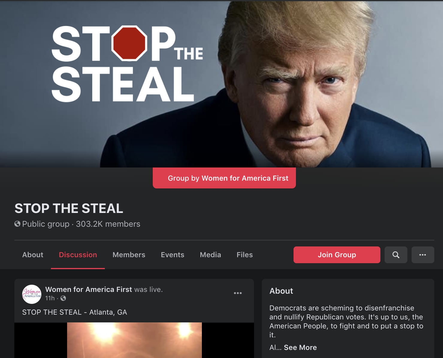 A screenshot of the banner of now-deleted Facebook Group &quot;Stop The Steal&quot;