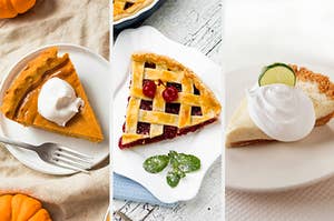 On the left, a slice of pumpkin pie, in the middle, a slice of cherry pie, and on the right, a slice of key lime pie