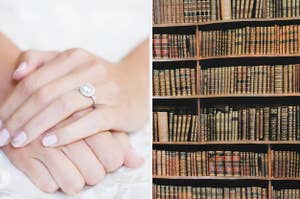 A hand with an ornate engagement ring next to a bookshelf filled with old books