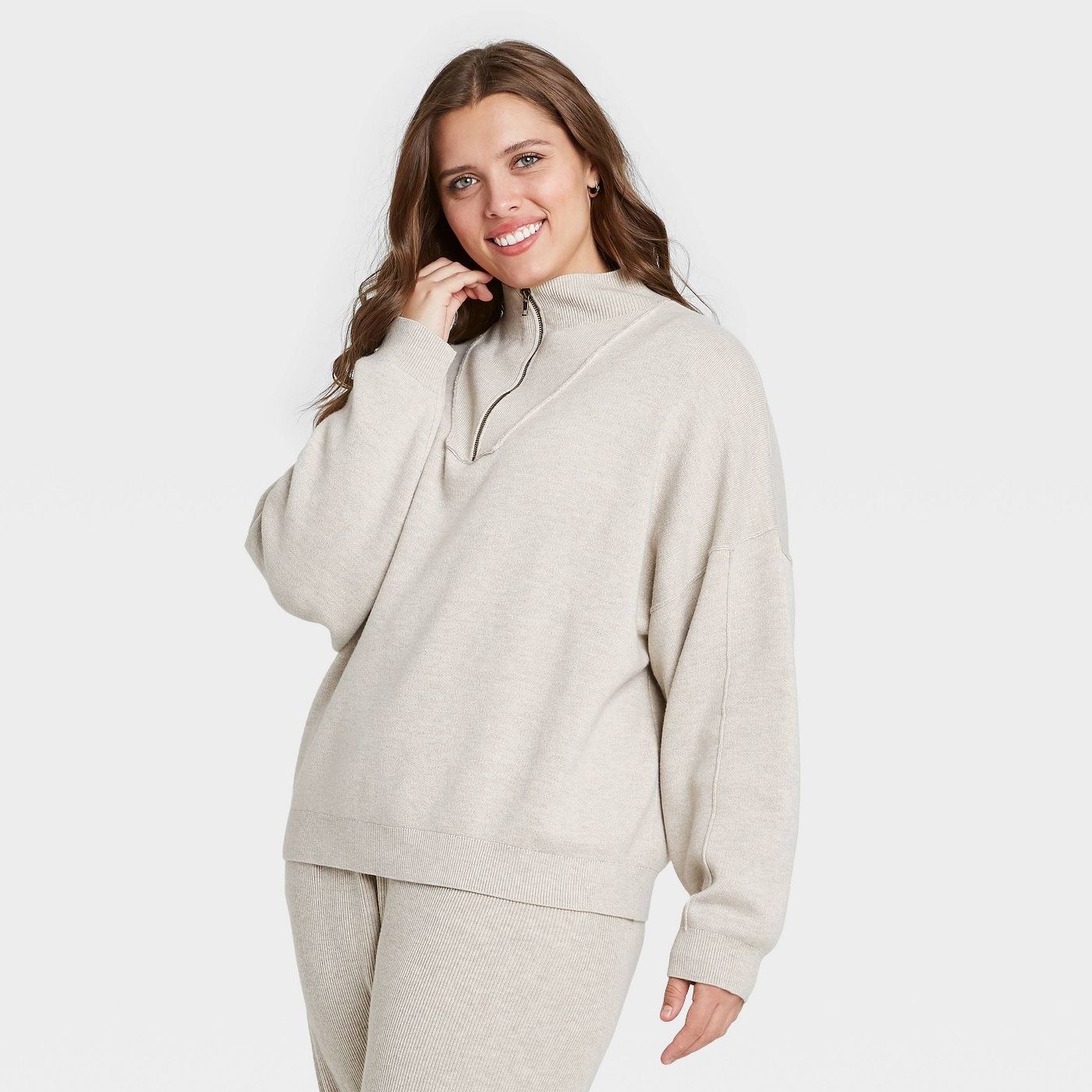 Model in Mock Turtleneck Cozy Quarter Zip Pullover Sweater