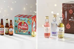 Side by side image showing a beer advent calendar and a gin advent calendar