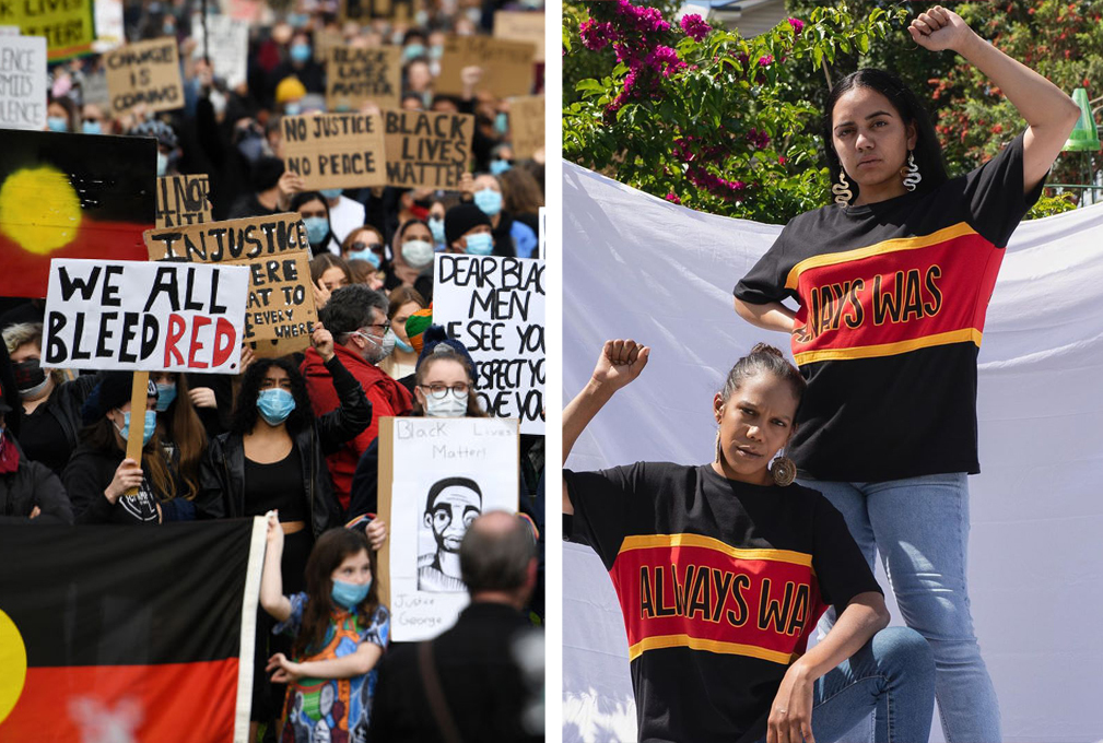 Side by side of protesters at a Black Lives Matter rally in Australia and two women wearing shirts that say "Always was" and raising up their hands in the BLM symbol