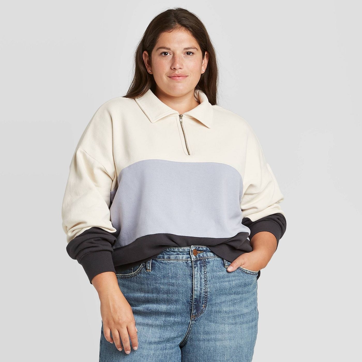 Model in Quarter Zip-Up High Neck Pullover Sweatshirt
