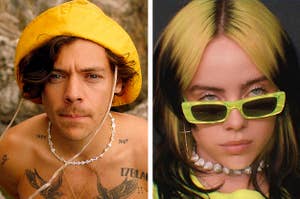Side by side of Harry Styles and Billie Eilish 