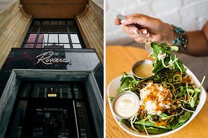 An image of the entrance to a restaurant called Riviera, An image of a person eating salad 
