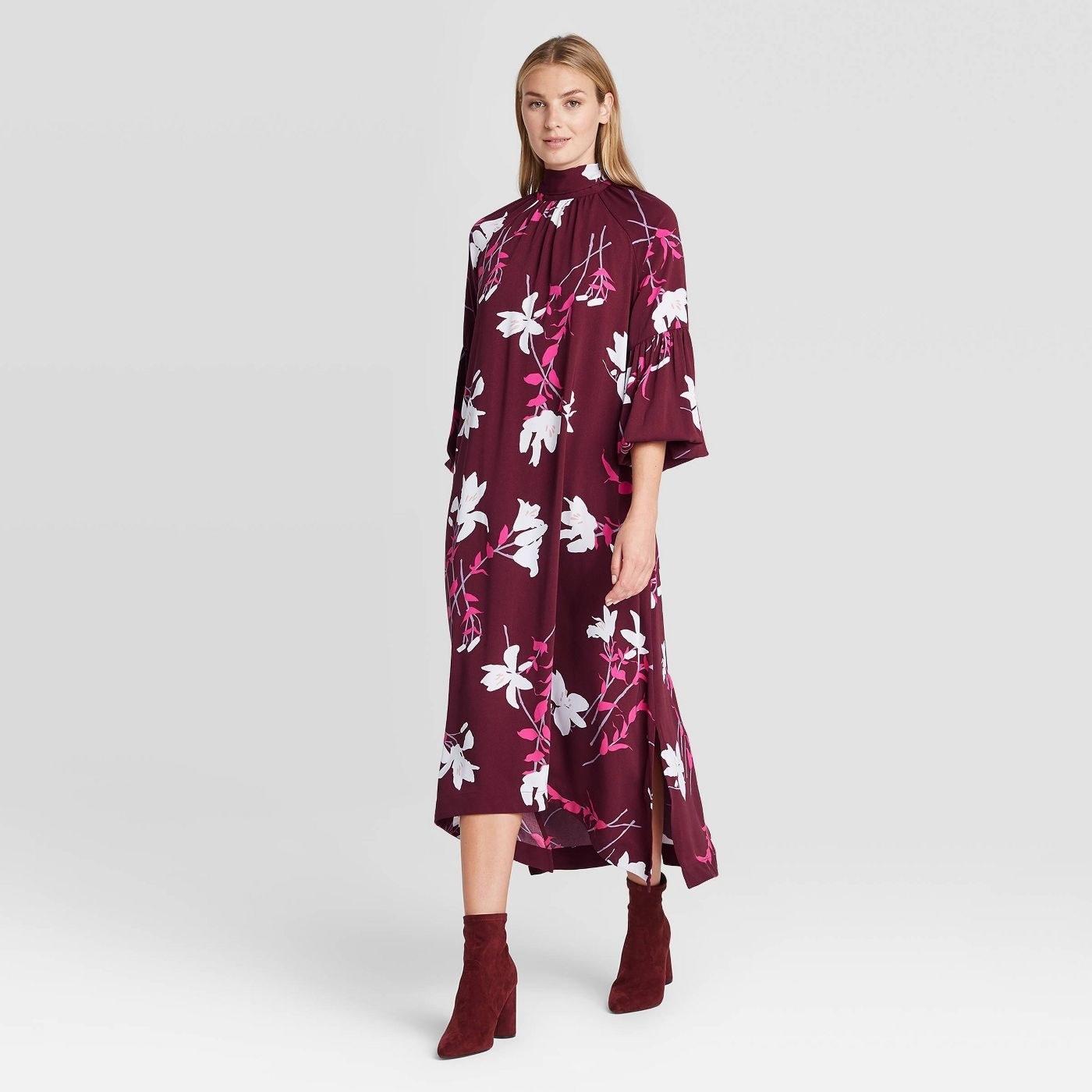 maroon floral maxi dress