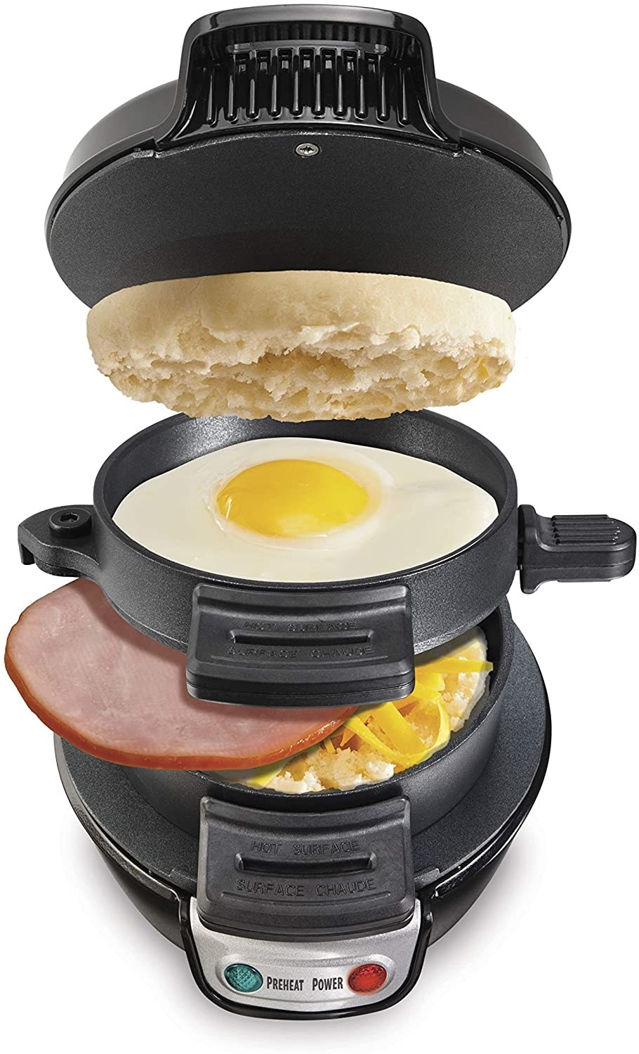 The breakfast maker with compartments for cooking and assembling eggs, ham, and English muffins