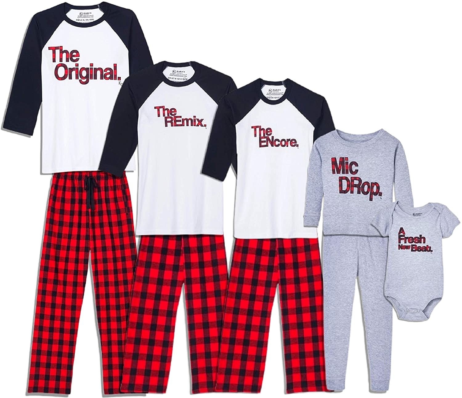 The plaid and grey PJs that say &quot;The original, the Remix, the encore, mic drop, and a fresh new beat&quot;