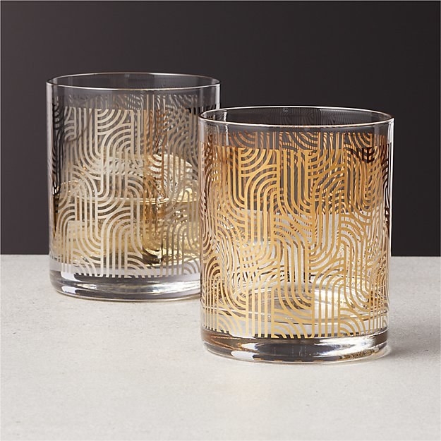 two double old fashioned glasses with metallic abstract design on the glasses