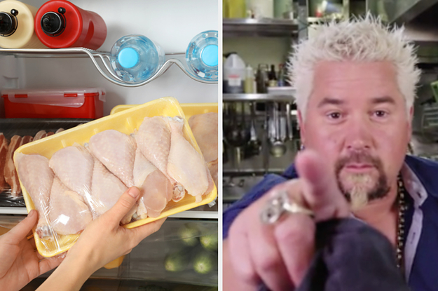 Side-by-side images of raw chicken and Guy Fieri pointing at you