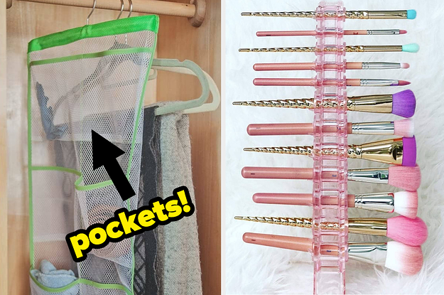 A hanging pocket organizer and a makeup brush stand