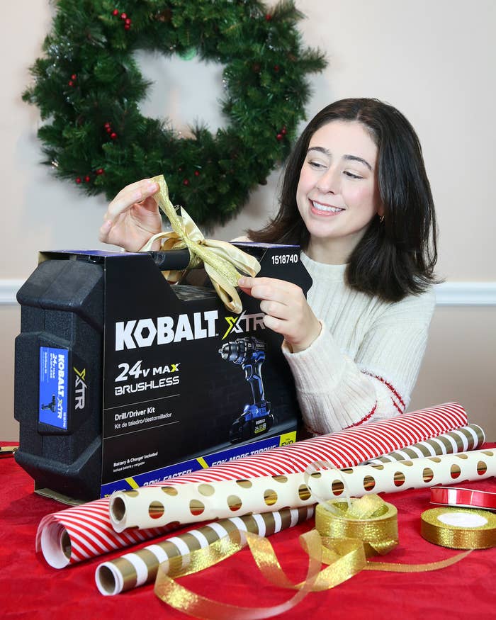 Ashley gets the Kobalt XTR 24-Volt Max 1/2-inch Brushless Cordless Drill with a big gold bow!
