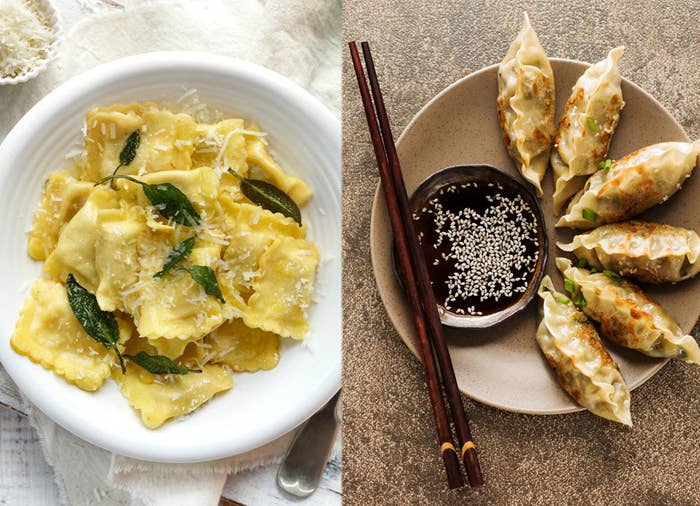 A plate of Italian ravioli and a plate of gyoza with soy sauce.