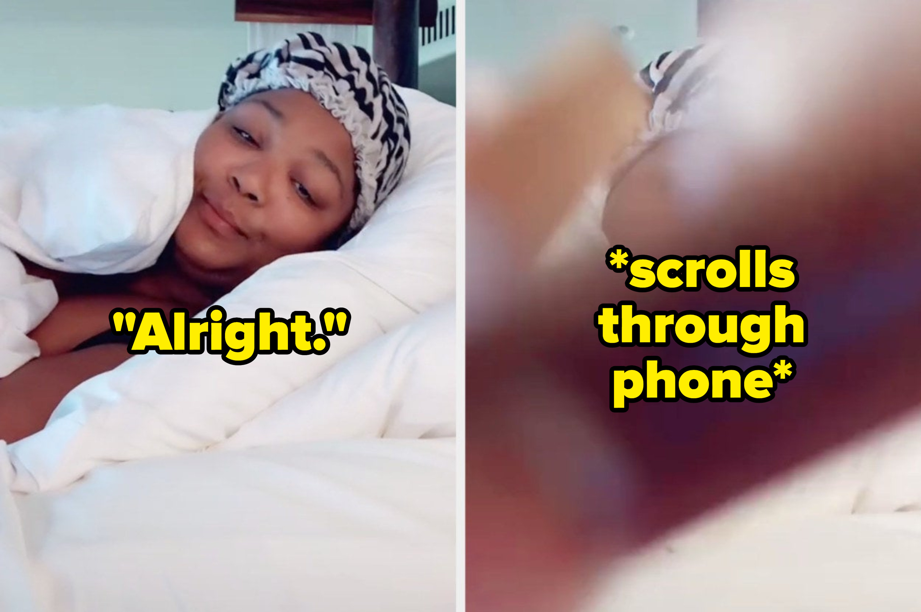Lizzo in bed scrolling through her phone with the caption, &quot;Alright.&quot;