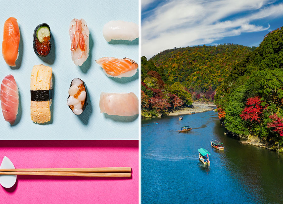 A plate of different kinds of sushi and a view of Kyoto during fall.