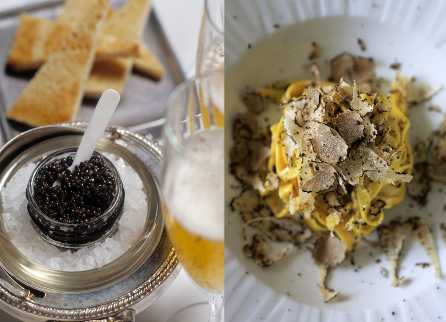 Caviar and champagne on the left side and a plate of egg pasta with shaved truffles.