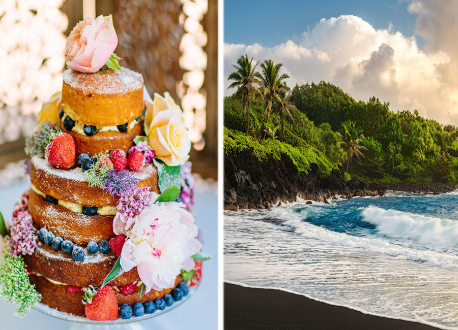 A colorful wedding cake and a black sand beach in Hawaii.