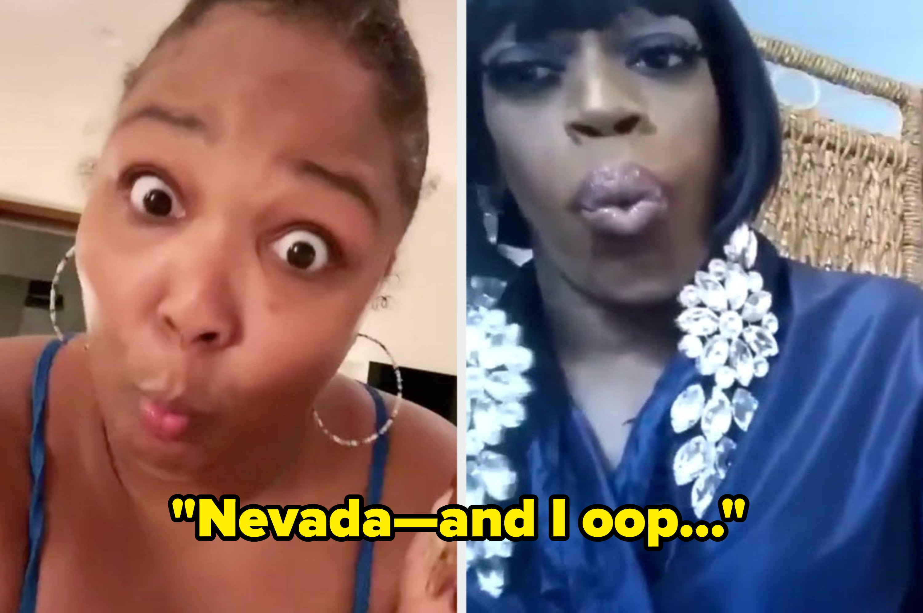 Lizzo pursing her lips in surpriser with the caption, &quot;Nevada-and I oop...&quot;