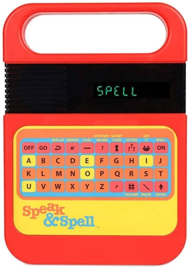 Red Speak & Spell toy with black screen