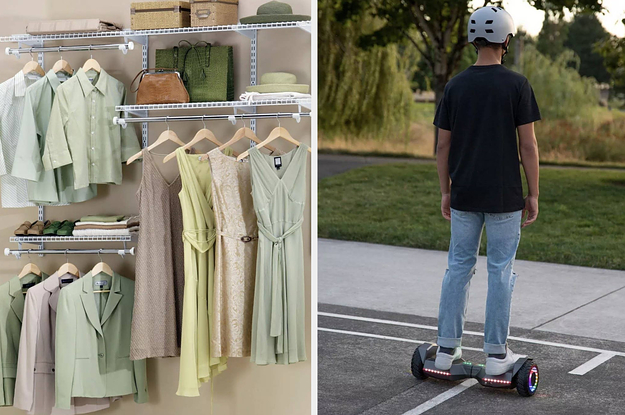 On the left, a closet organization system with pastel clothes. On the right, model stands on black hoverboard