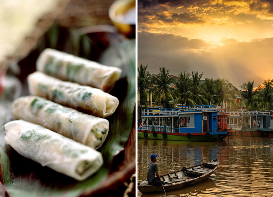 Spring rolls and a river in Hoi An, Vietnam.