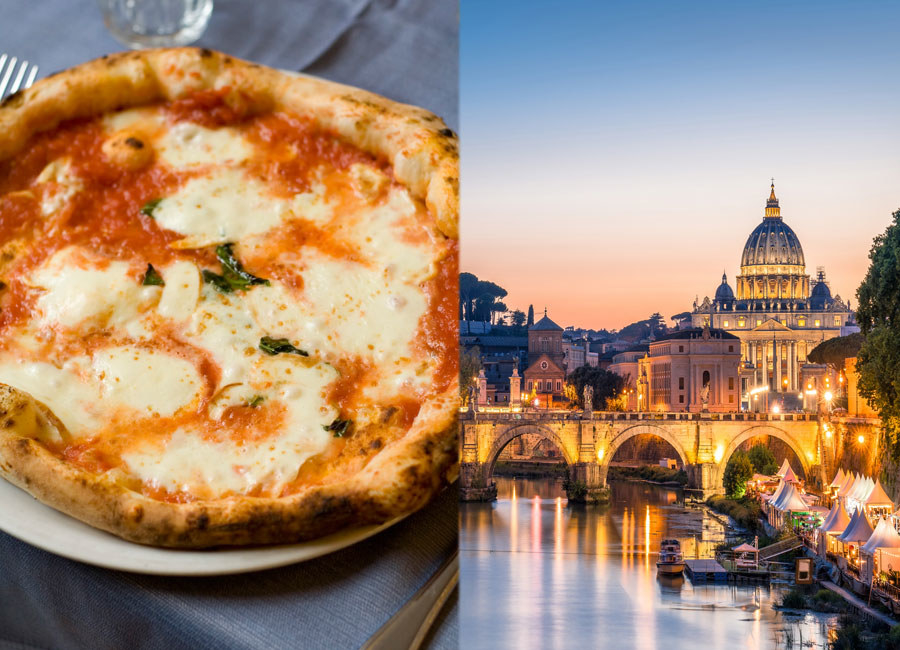 A Neapolitan pizza and a view of the Tiber River in Rome.
