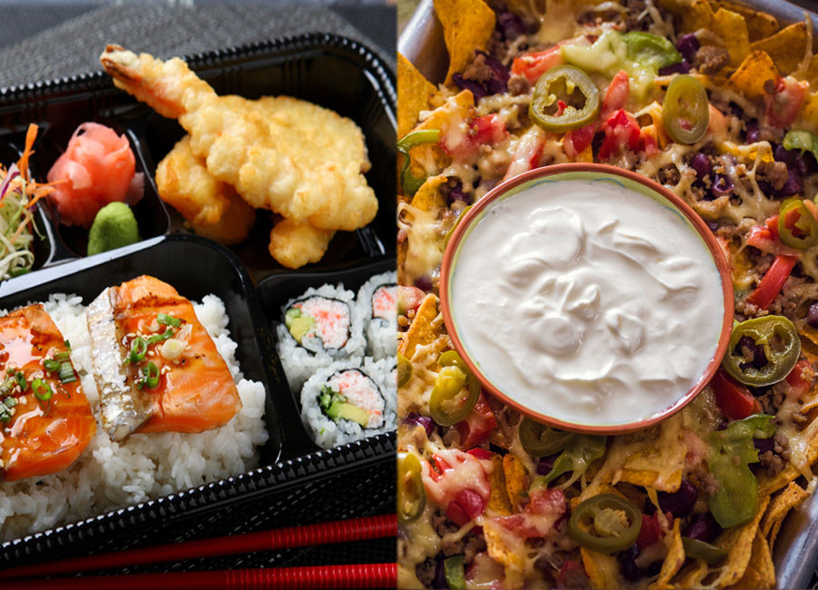 A Japanese bento box and a tray of nachos with sour cream.