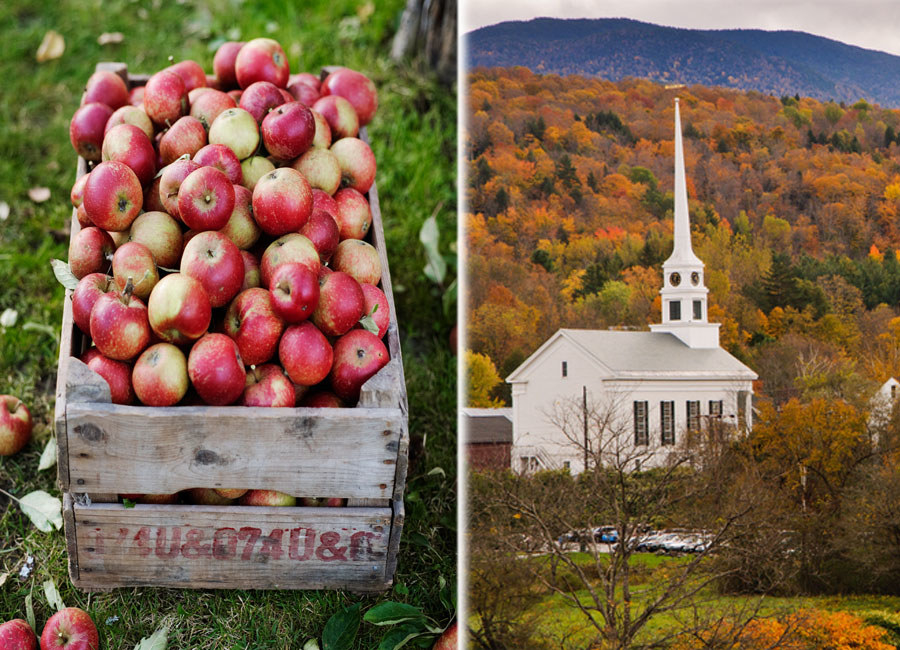 A basket of just-picked apples and a fall scene of Stowe, Vermont.