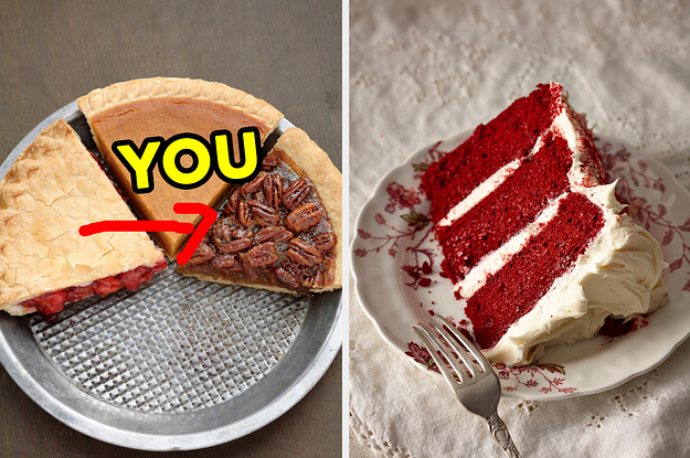 On the left, a pie tin with a slice of cherry pie, a slice of pumpkin pie, and a slice of pecan pie, with an arrow pointing to the pecan slice and