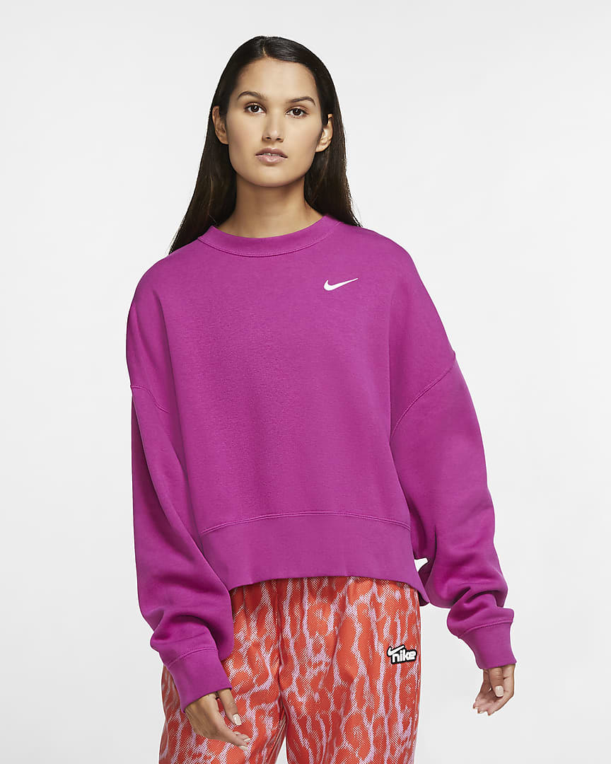 Model wearing a magenta colored sweatshirt