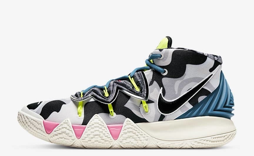 Kybrid sneakers with black/white/grey camo and pink/blue/bright green design details
