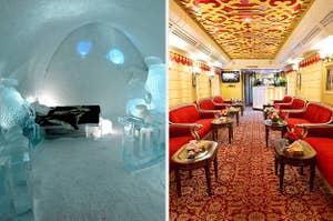 a hotel room made completely of ice; inside a luxurious train carriage  