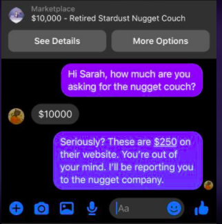 A Facebook Messenger exchange between a buyer and reseller who said a Nugget would cost $10,000.
