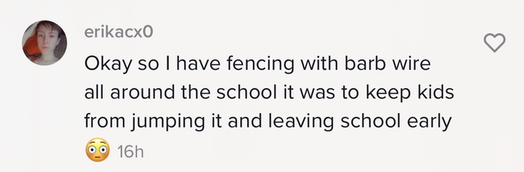&quot;Okay so I have fencing with barb wire all around the school it was to keep kids from jumping it and leaving school early [wide-eyed emoji]