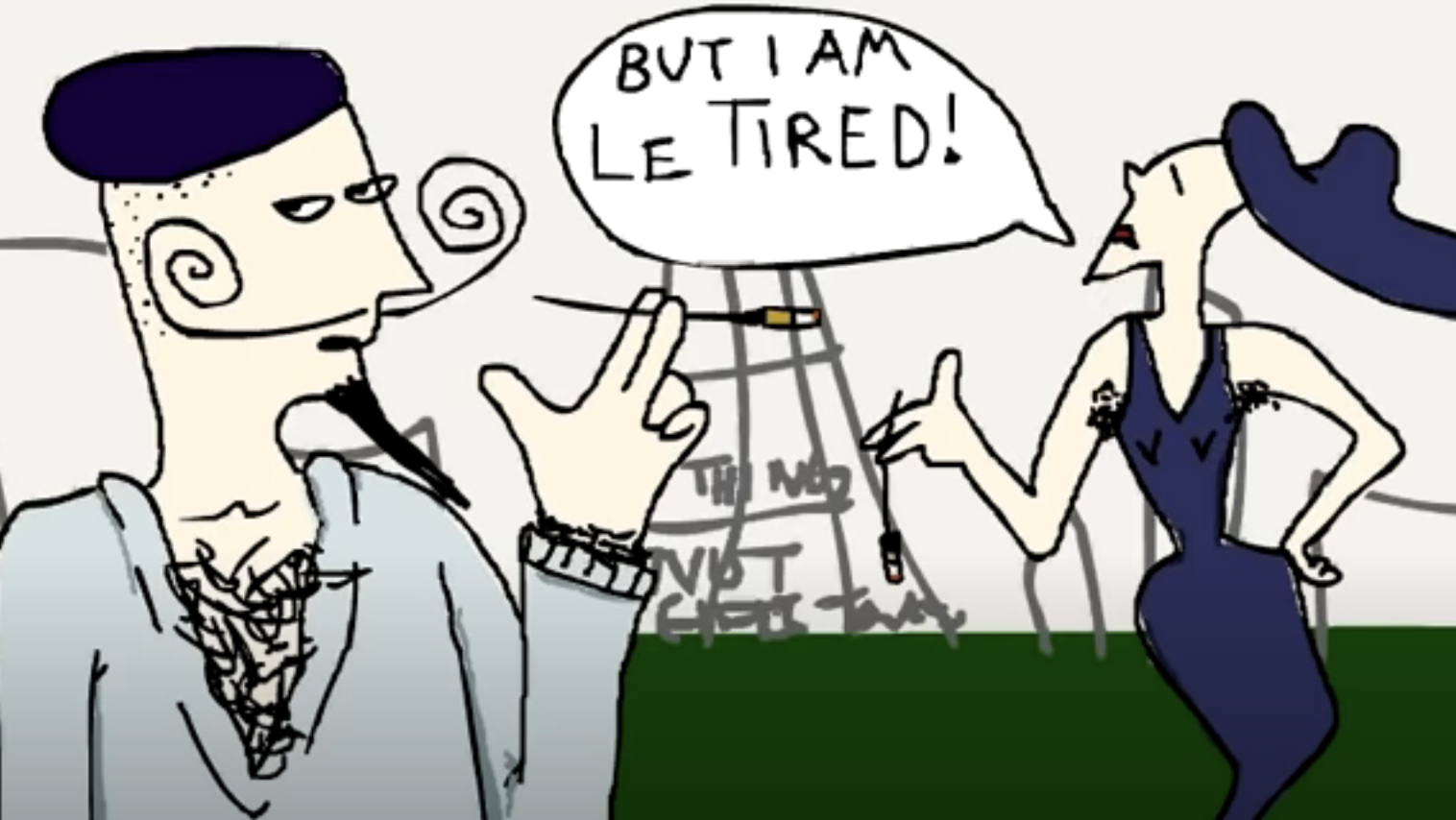 A still from the &quot;End of the World&quot; Flash cartoon with the French characters saying &quot;but I am le tired&quot;