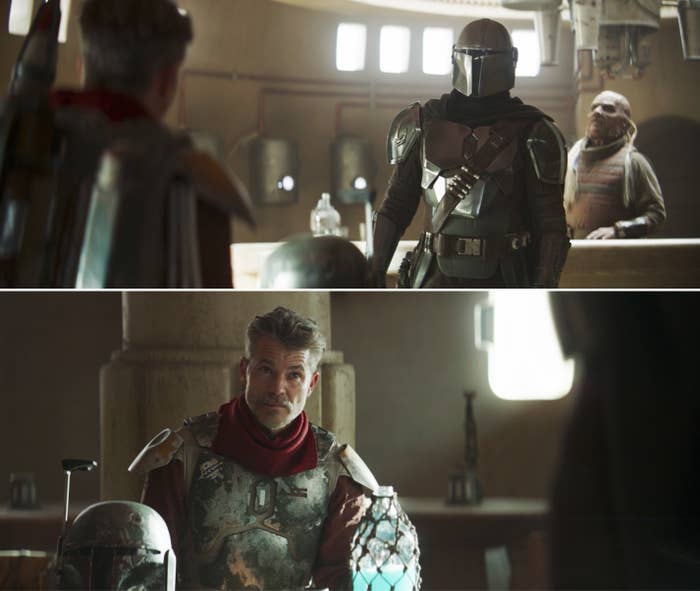 Mando and Cobb looking at each other after Cobb takes off Boba Fett's old helmet