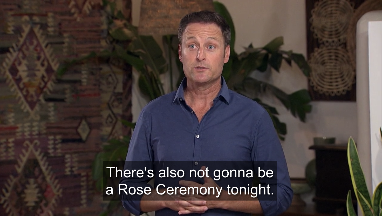 Chris telling the suitors that there&#x27;s no rose ceremony. 