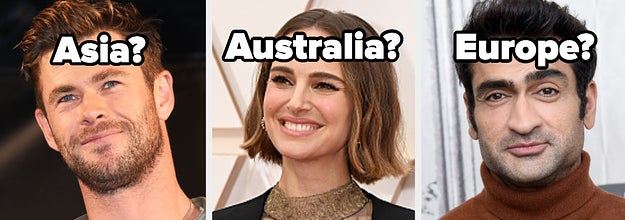 Side-by-side images of Chris Hemsworth, Natalie Portman, and Kumail Nanjiani with the questions 