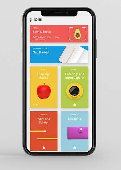 Phone with Rosetta Stone app displayed