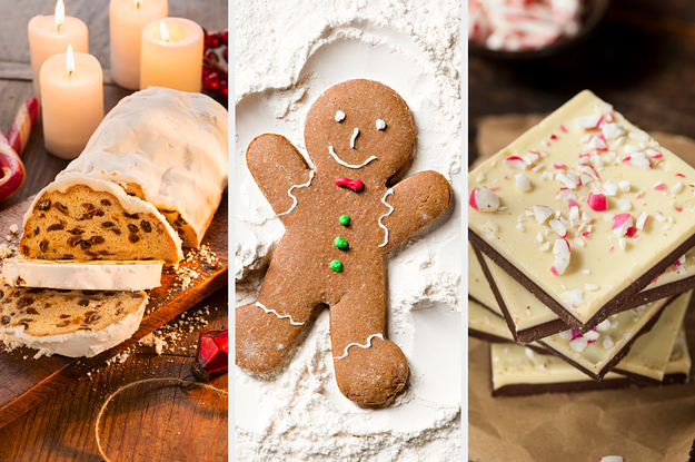 On the left, an iced fruitcake, in the middle, a gingerbread man in a pile of flour that's made to look like snow, and on the right, a stack of peppermint bark