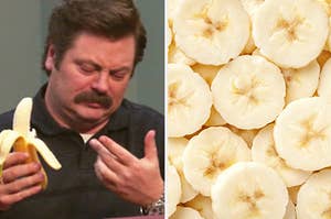 Ron Swanson eating a banana on the left and a bunch of banana slices on the right
