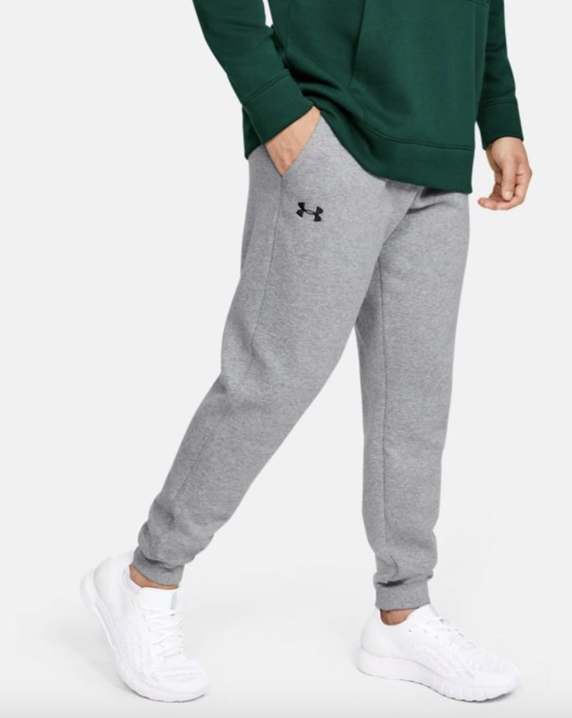 Model wearing the light gray joggers