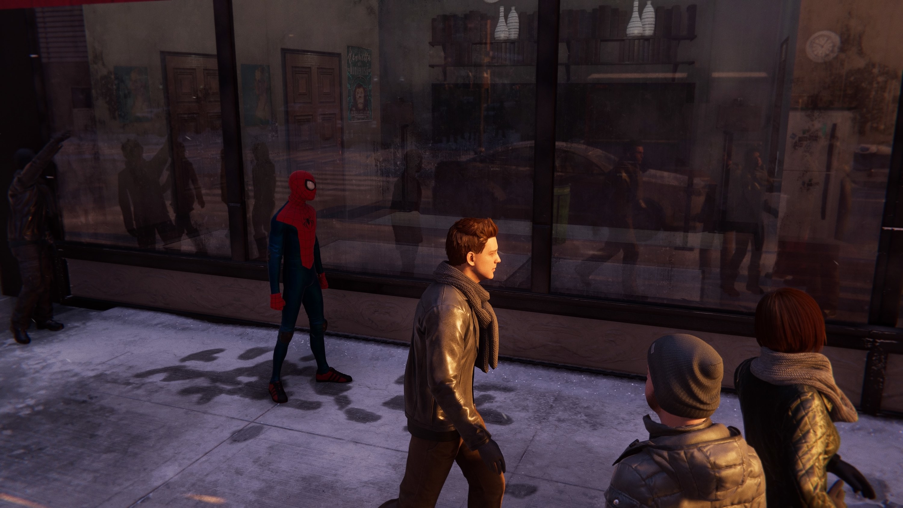 Spider-Man stands in front of a window that reflects him and people around him