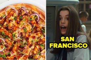 A BBQ chicken pizza on the left and mia from princess diaries on the right with "san francisco" written over her