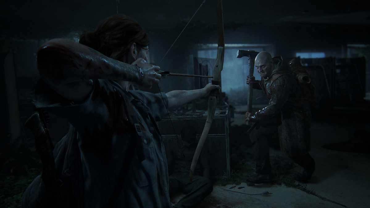 A screenshot from video game The Last Of Us 2 with a realistic-looking man with an ax charging a woman